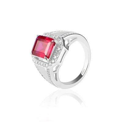 Nhẫn Đính Hôn Vuông Ruby Và Kim Cương Bằng Bạc