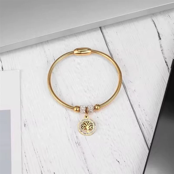 Gold Snake Chain Tree Of Life Charm Bangle Gold Snake Chain Tree Of Life Charm Bangle