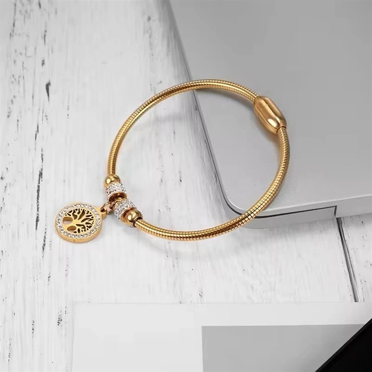 Gold Snake Chain Tree Of Life Charm Bangle Gold Snake Chain Tree Of Life Charm Bangle
